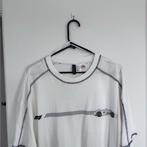 H&M White Short-Sleeve Racing Graphic Tee with Black Stitching